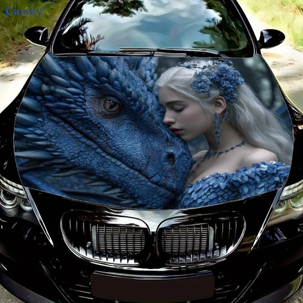 Princess And Blue Dragon Car Hood Decal Sticker, Truck Decal, Self-Adhesive Durable Customized Car Accessories, Suitable For Car