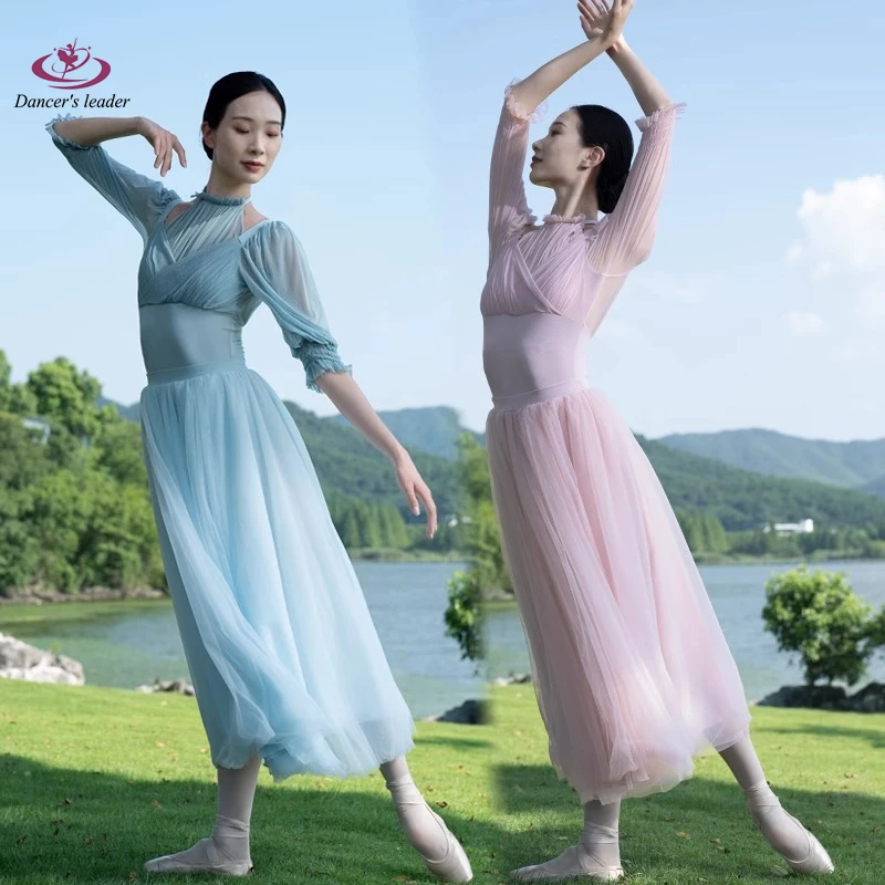 Ballet Suit Training Suit Mid-Sleeve Adult Women's Chinese Dance Pleated Mesh Stitching Elegant Dance Dress Yoga Clothing