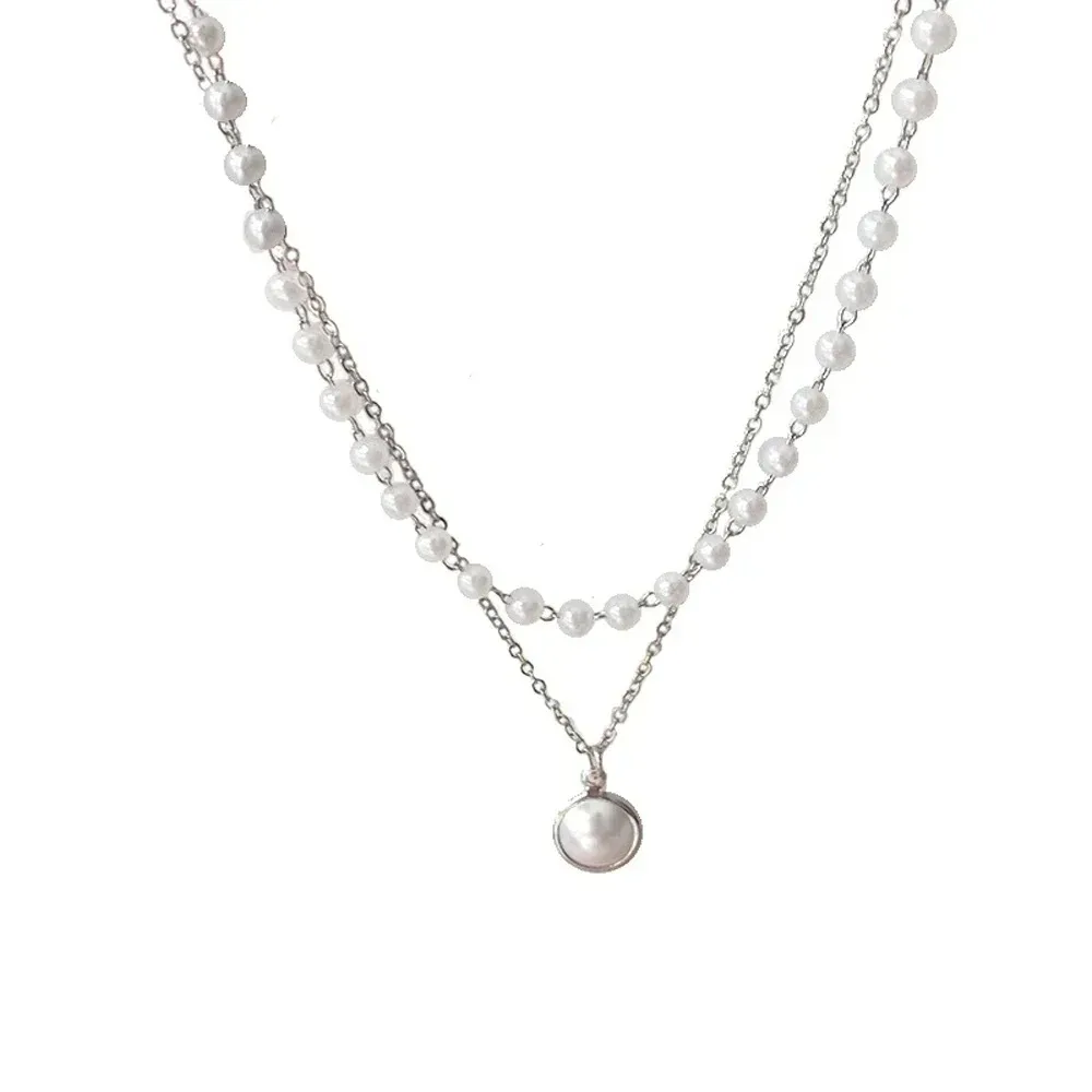 FSUNION 2026 Vintage Gold Pearl Beaded Necklace for Women Double Chain Pearl Pendant Choker Korean Fashion Collar Jewelry