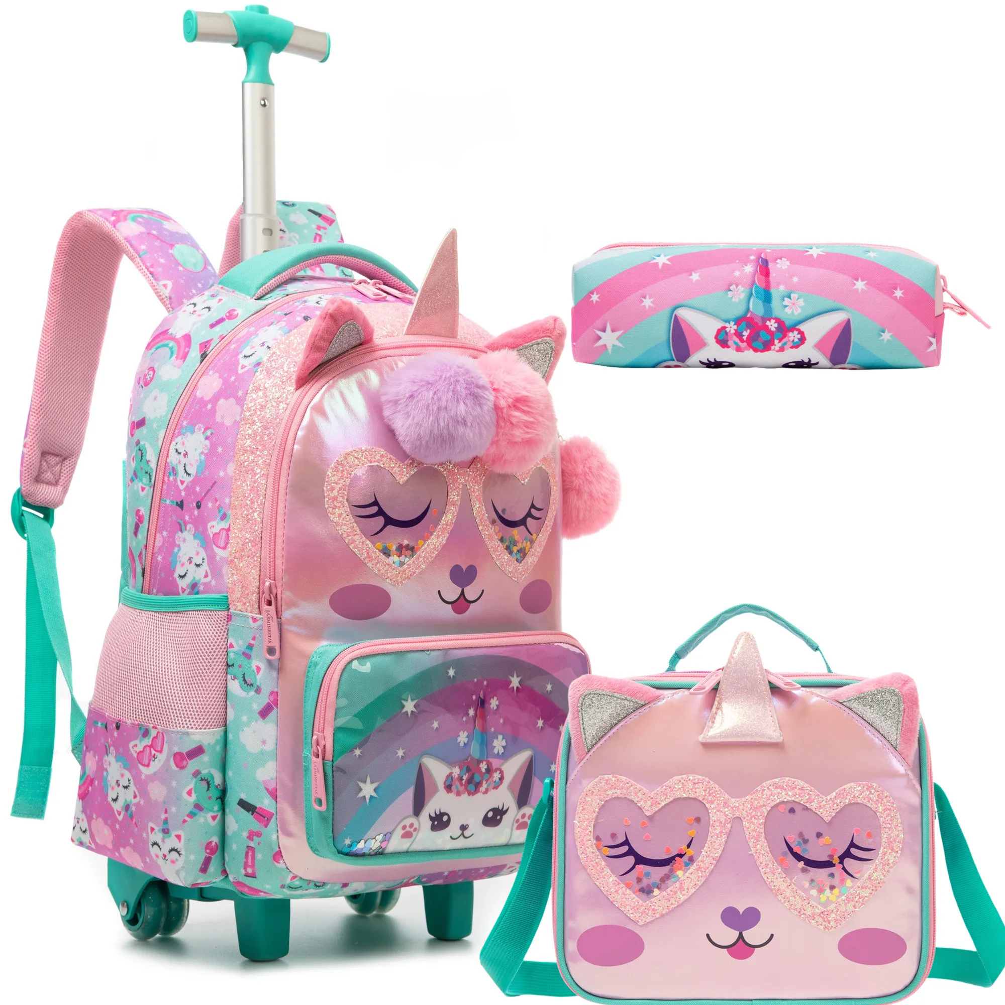 

Kids School Backpack with Wheels for Girls Cute Rolling Backpack Lightweight Trolley Luggage for Travel with Insulated Lunch Box
