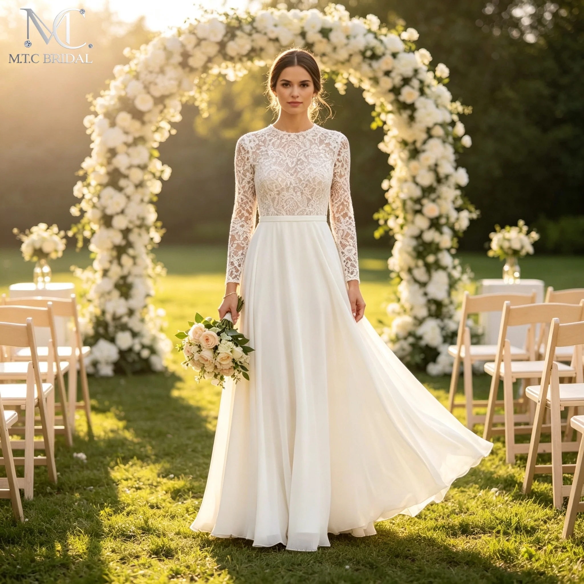 Long Lace Wedding Dress A Line Full Sleeves Chiffon Floor Length Garden Outdoor Wedding Gowns For Bride Vestido De Noiva