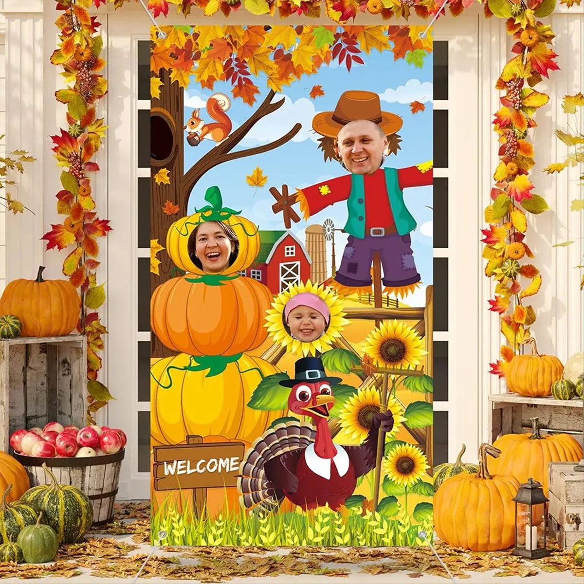 ●Fall Photo Props Fall Festival Decorations, Pumpkin Photo Booth Backdrop for Indoor Outdoor Party Decor