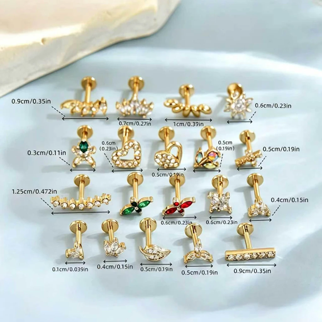 1Pc Gold CZ Labret Stud Flat Back Cartilage Helix Piercing Earring Multiple Shapes Choose Your Style