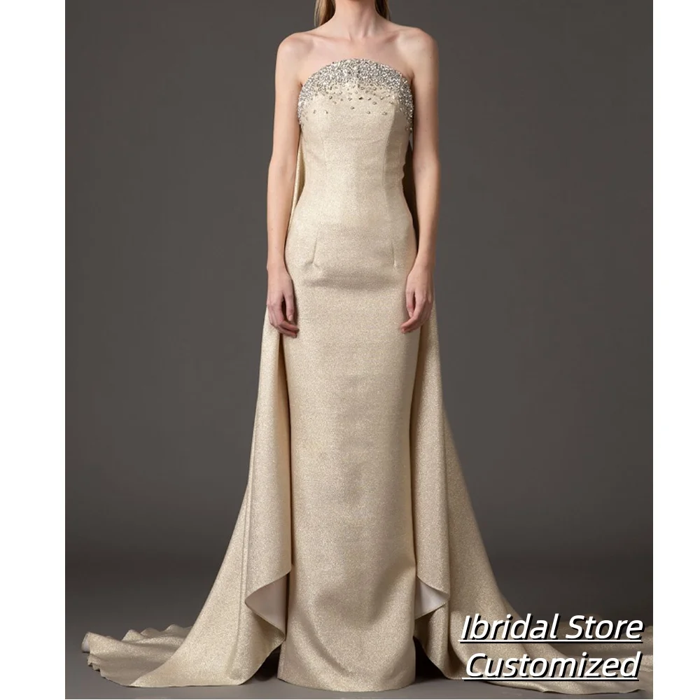 

Customized Modern Fancy Strapless Evening Dress Sleeveless Rhinestones Cape Trumpet Formal Prom Gowns Vestido De Noche