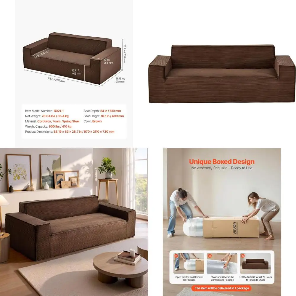 

83-Inch Corduroy 3-Seater Sofa with Memory Foam, Deep Seating for Living Room or Office, Brown