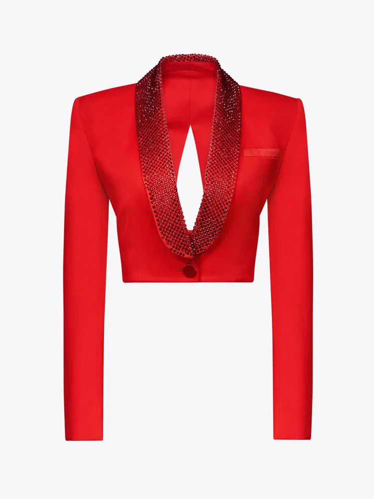 KBQ Patchwork Diamonds Backless Blazers For Women Notched Collar Long Sleeve Spliced Button Slimming Blazer Female Fashion Style