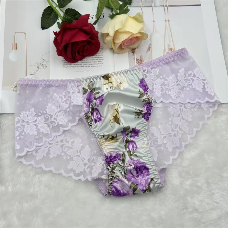 

Man Floral Lace Satin Purple Silky touch Touch Briefs Live Show Fkk Private Party LGBQ Erotic Underpants Men Intimates Underwear