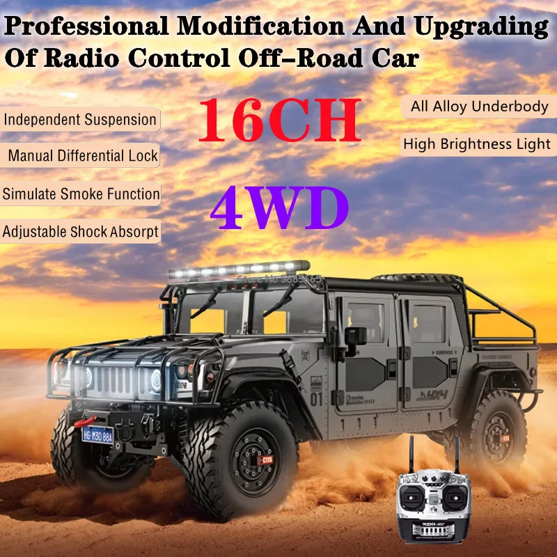 Professional Refit 1:10 Metal High-Speed Remote Control Truck 16CH Brake Switching Smoking 4WD Lighting Off-Road RC Car Model