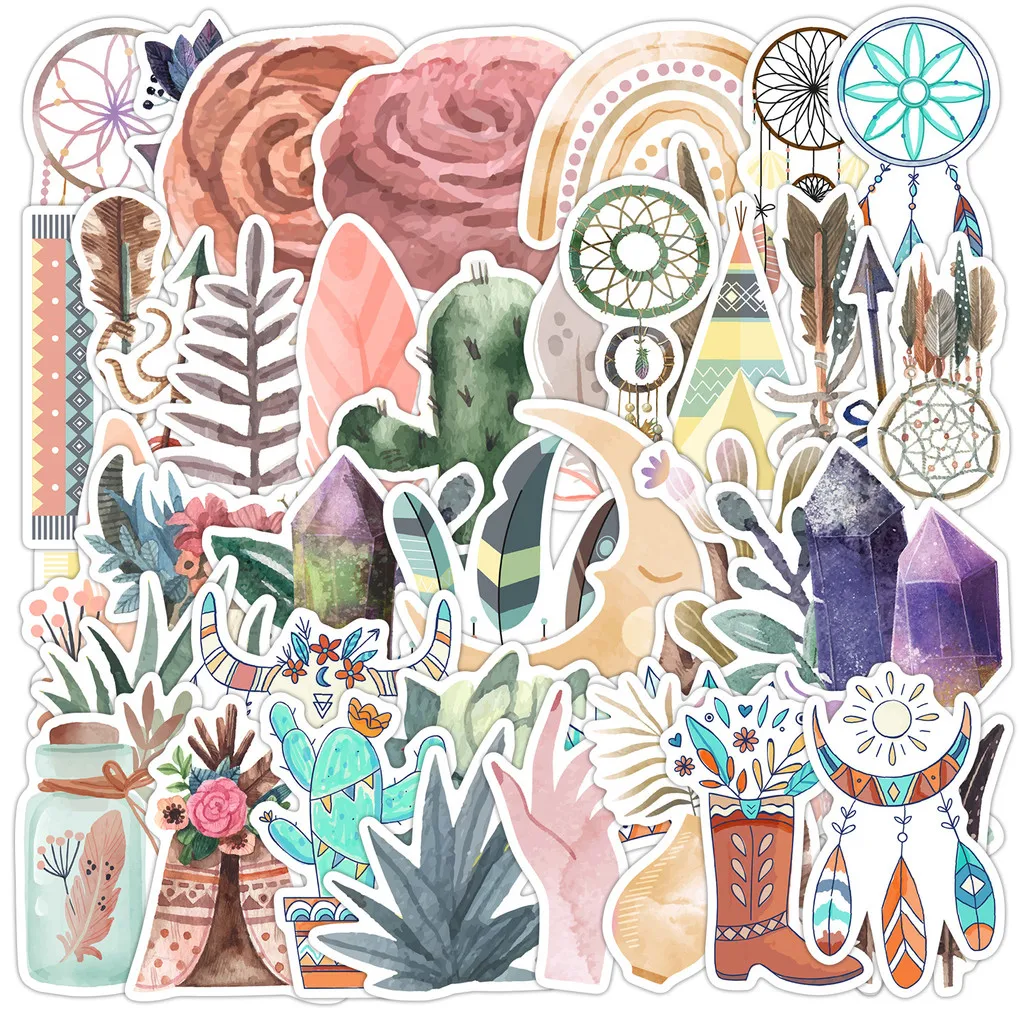 

50-Sheet Bohemian Doodle Stickers Roll - EN71 Certified Waterproof Vinyl for Cups & Luggage Customization AnimeWorlds Store