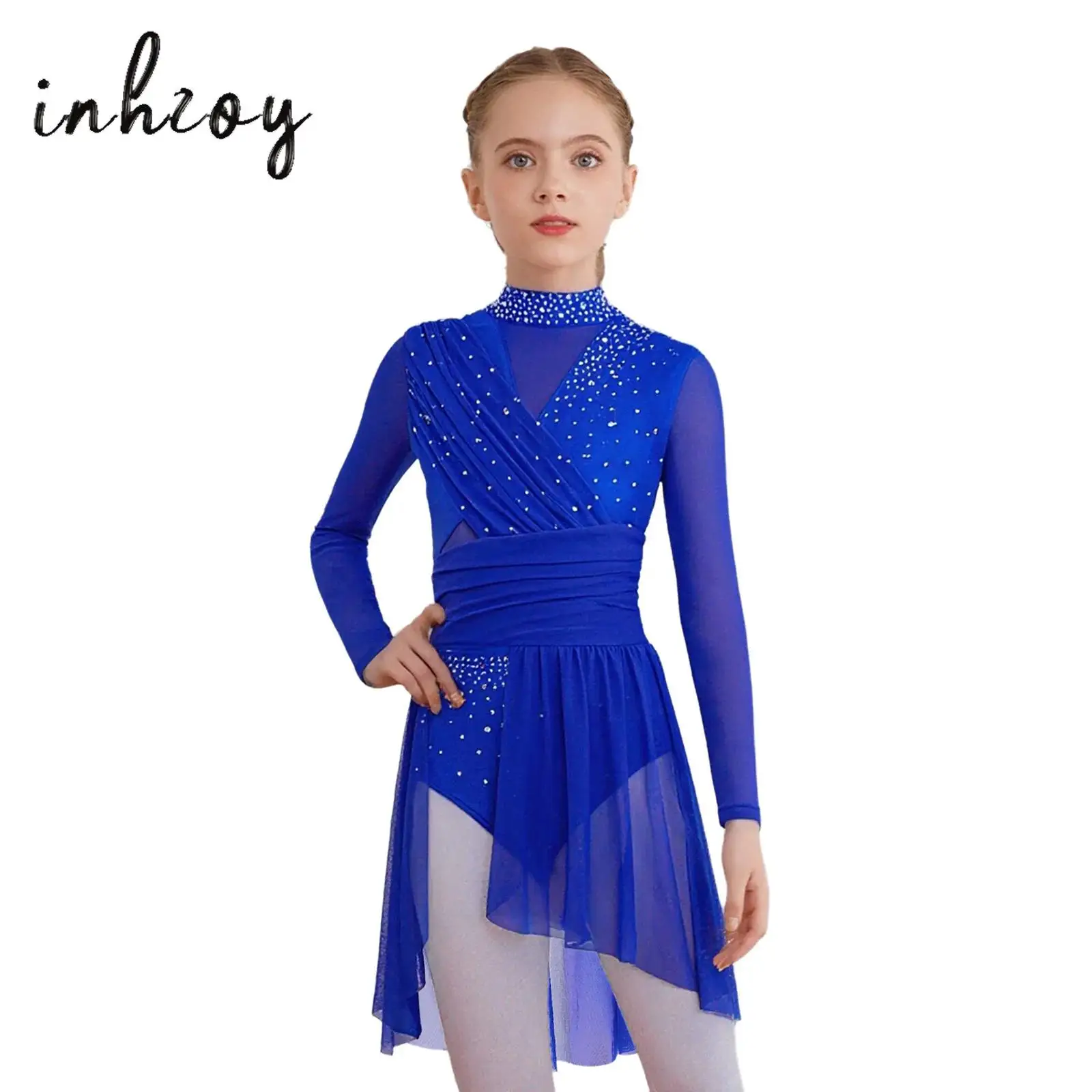 Kids Girls Lyrical Dance Dress Long Sleeve Cutout Back Side Split Sheer Mesh Ruched Glittery Rhinestones Ballet Leotard Dress