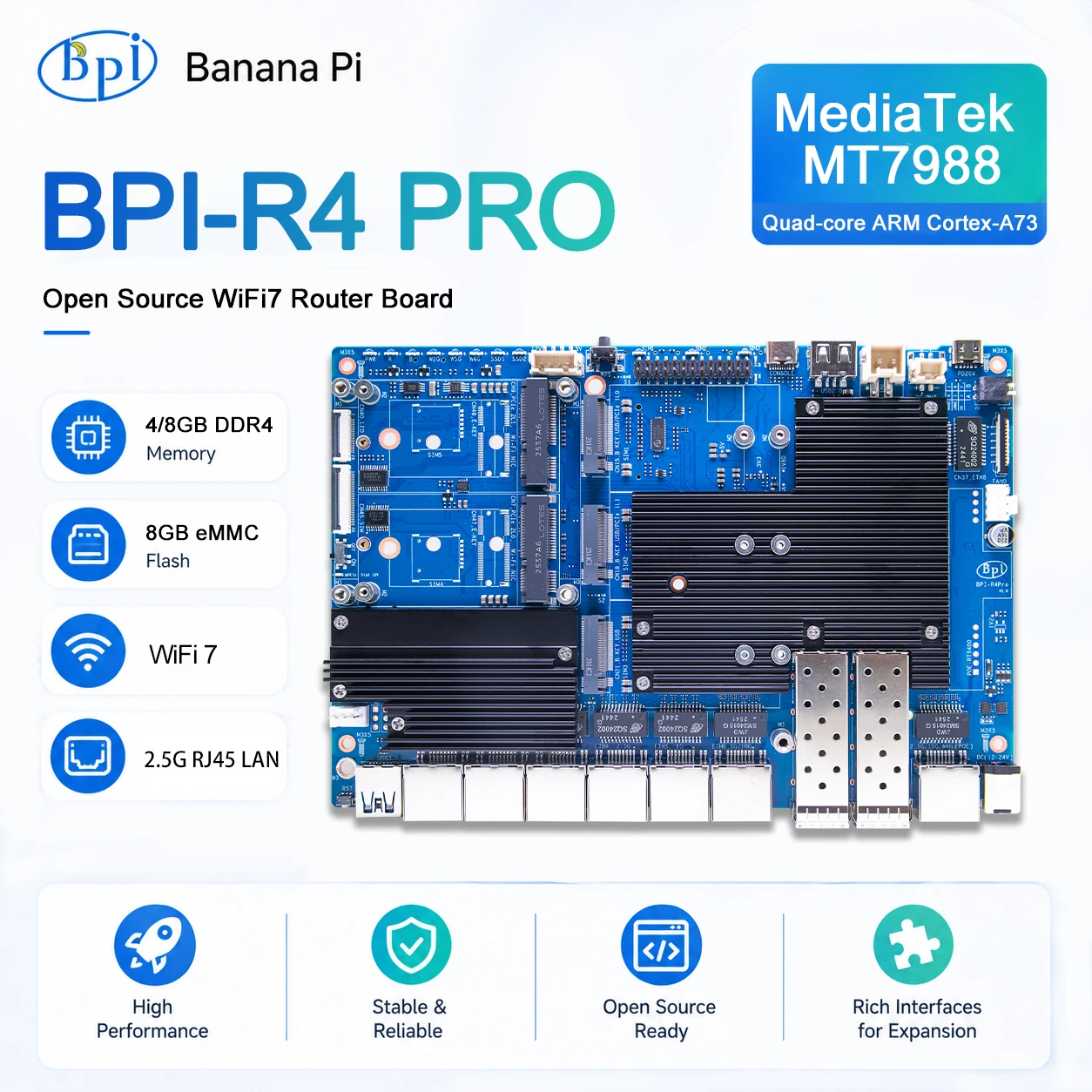 Banana Pi BPI-R4 PRO MediaTek MT7988A (Filogic 880) Quad-Core Arm Corex-A7 8 GB DDR4 8 GB eMMC Wifi7 Router Board Home Automation