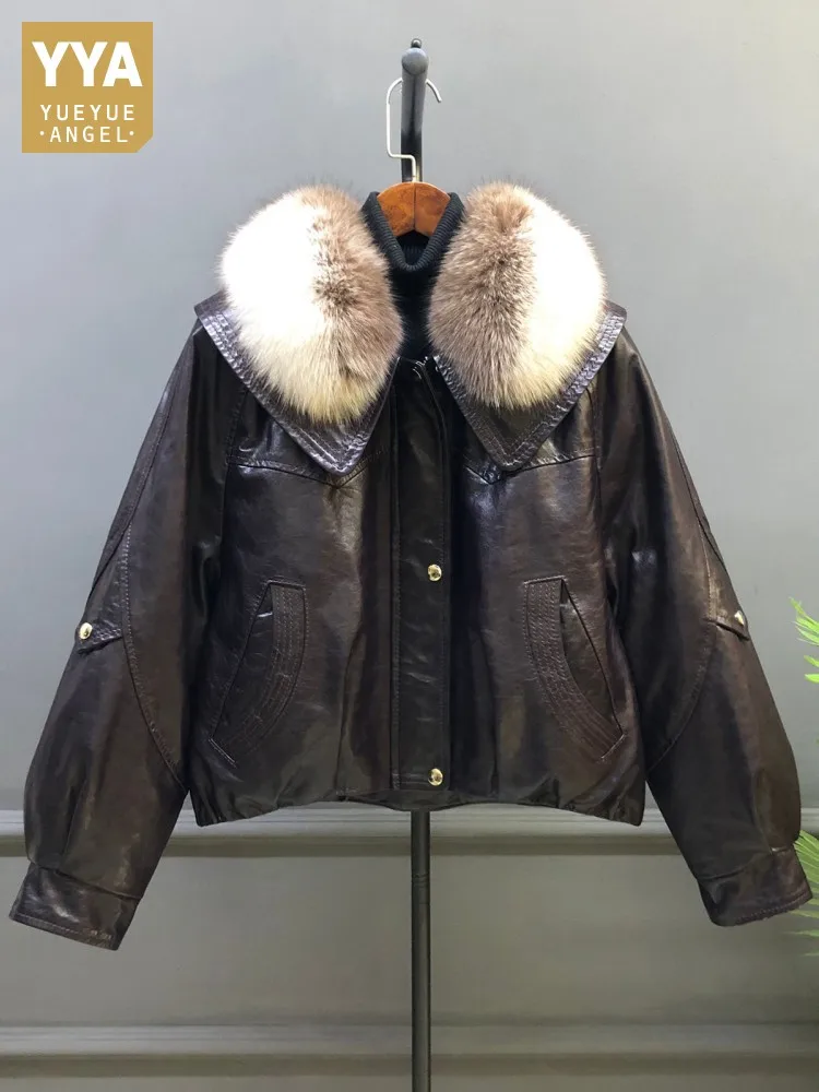 الشتاء النساء الدافئة الثعلب الفراء طوق أسفل سترة فضفاضة تناسب النفط الشمع جلد الغنم سترة جلدية حقيقية Vintage دراجة نارية السائق معطف