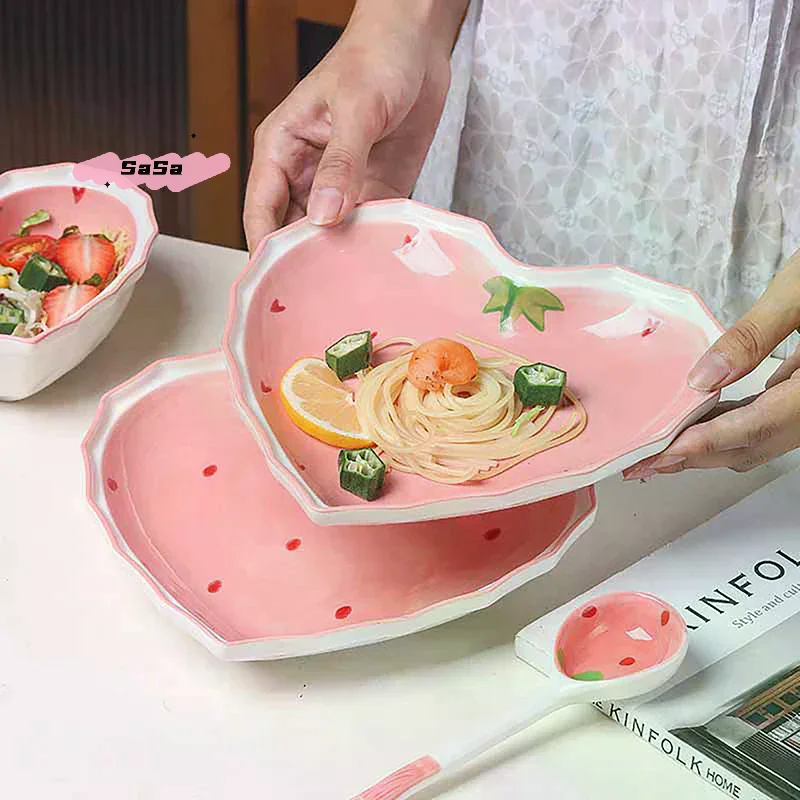 Strawberry Bowl Spoon Plate Set Beautiful Girl Heart Bowl Salad Bowl Dessert Household Tableware