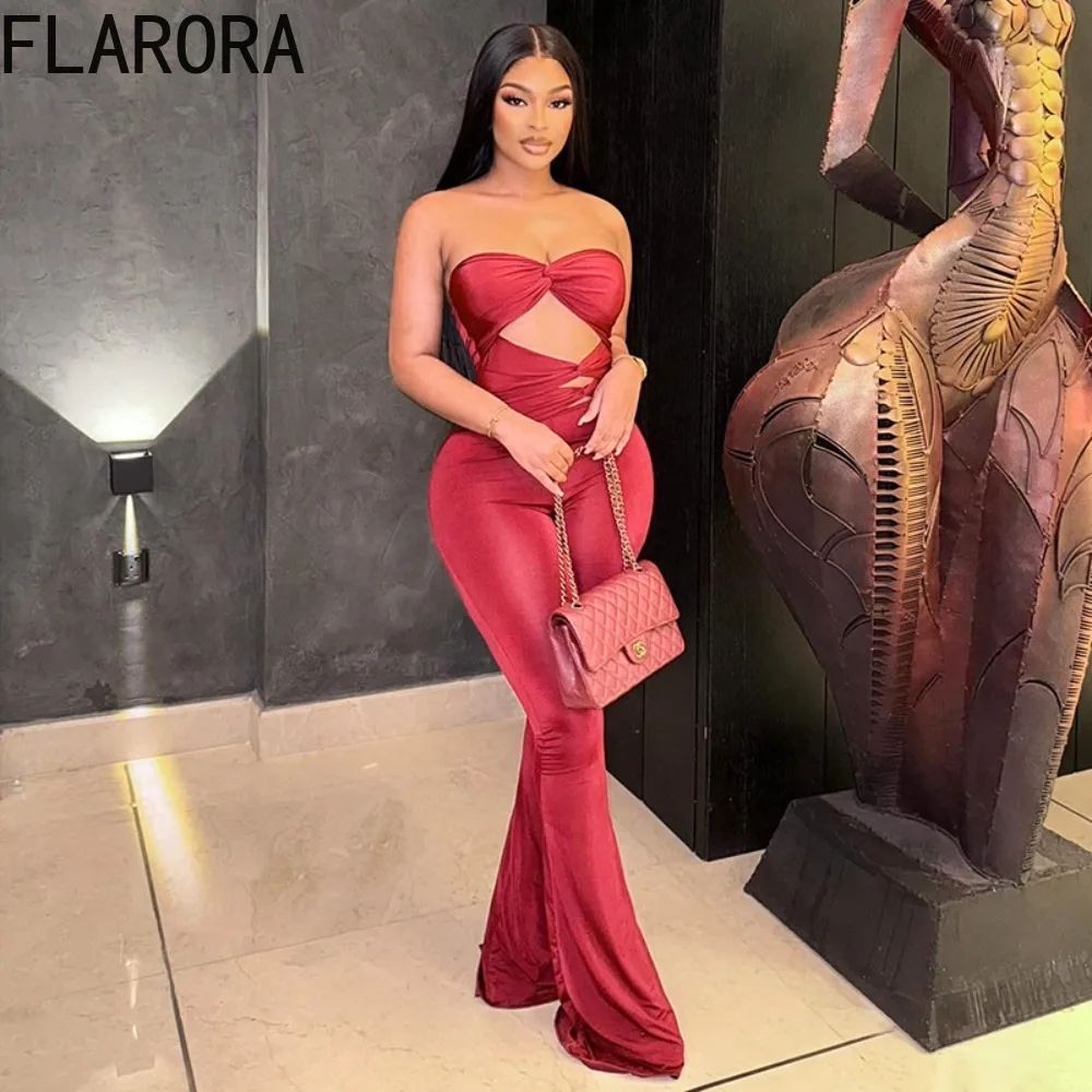 

FLARORA Elegant Hollow Out Backless Jumpsuits Woman Sleeveless Ruched Slim Fit Flare Jumpsuit Sexy Birthday Party Clubwear New
