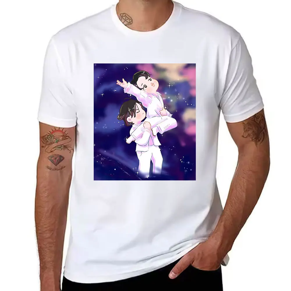 Men's Cotton Short Sleeve T-Shirt, Cute Cartoon Starry Sky Couple Print Casual Tee, Soft Breathable Daily Top for K-pop Fans