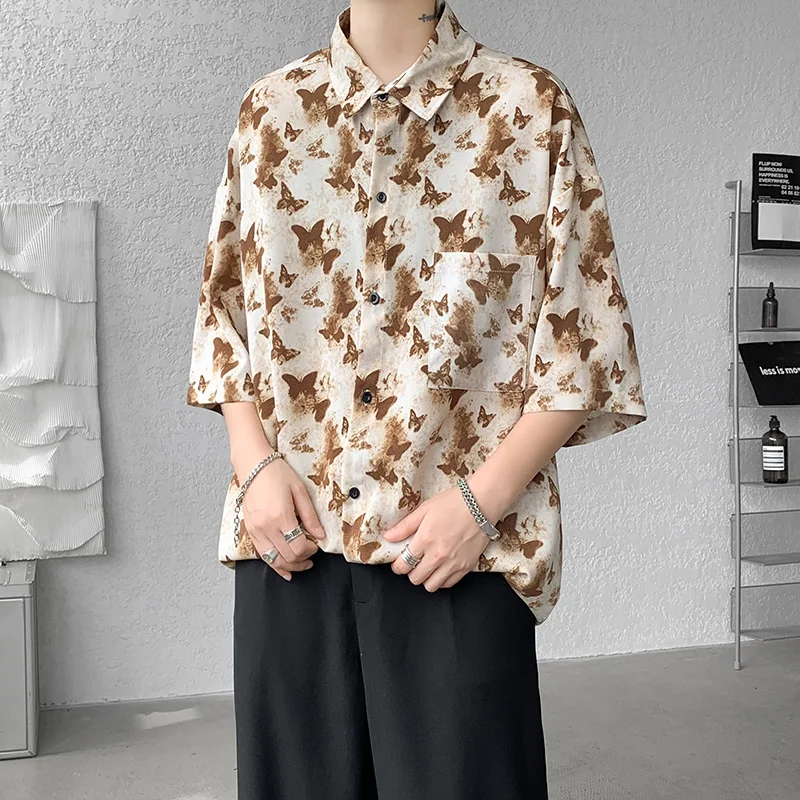 oversize Plus-size dark butterfly short sleeve couple floral shirt for men and women