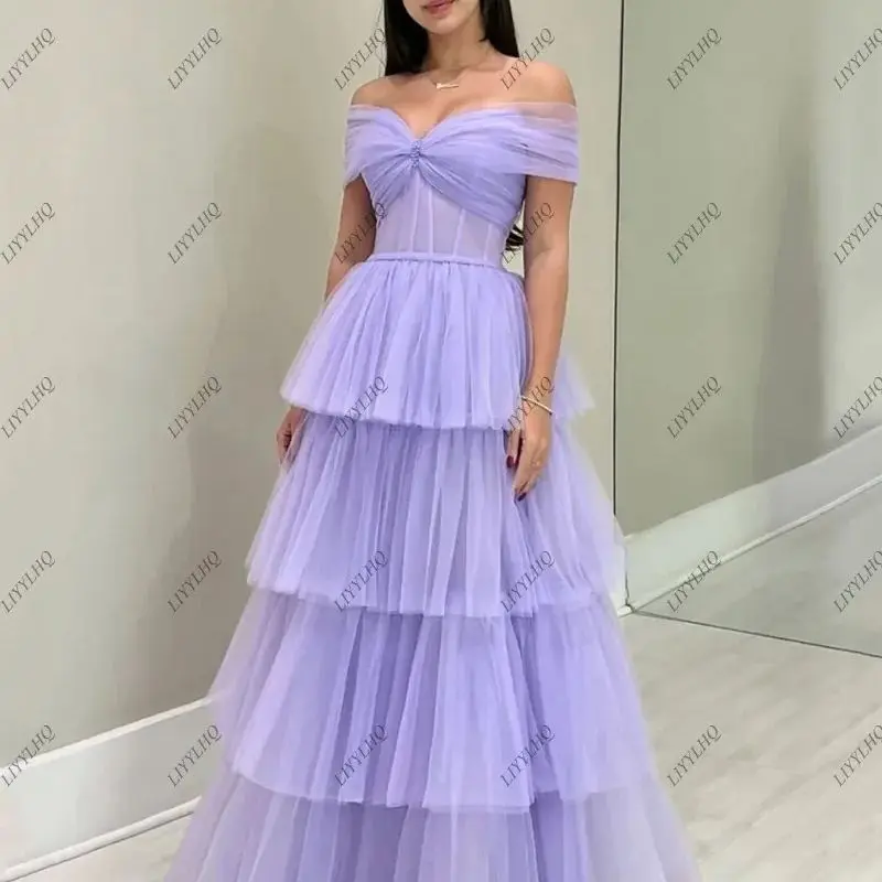 LIYYLHQ Purple Prom Dresses For Women Ruched Tiered Layer Off the Shoulder Tulle Floor Length A-Line Formal Evening Party Dress