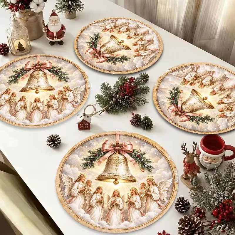 VIKAMA Red Gold Bells Bows Round Placemat, 3 Designs, Table Mat for Kitchen Dining Party