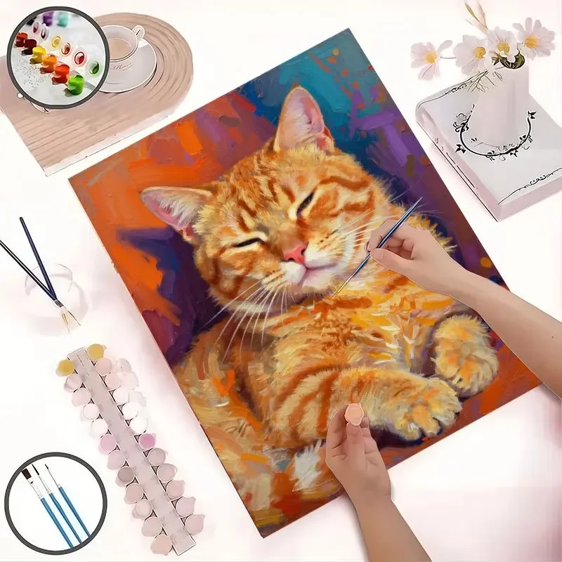 Professional Art Use, 1 Set 2D/Flat Orange Cat Painting by Numbers Kit, DIY Adult Paint by Numbers Set, Easy to Learn for Beginn