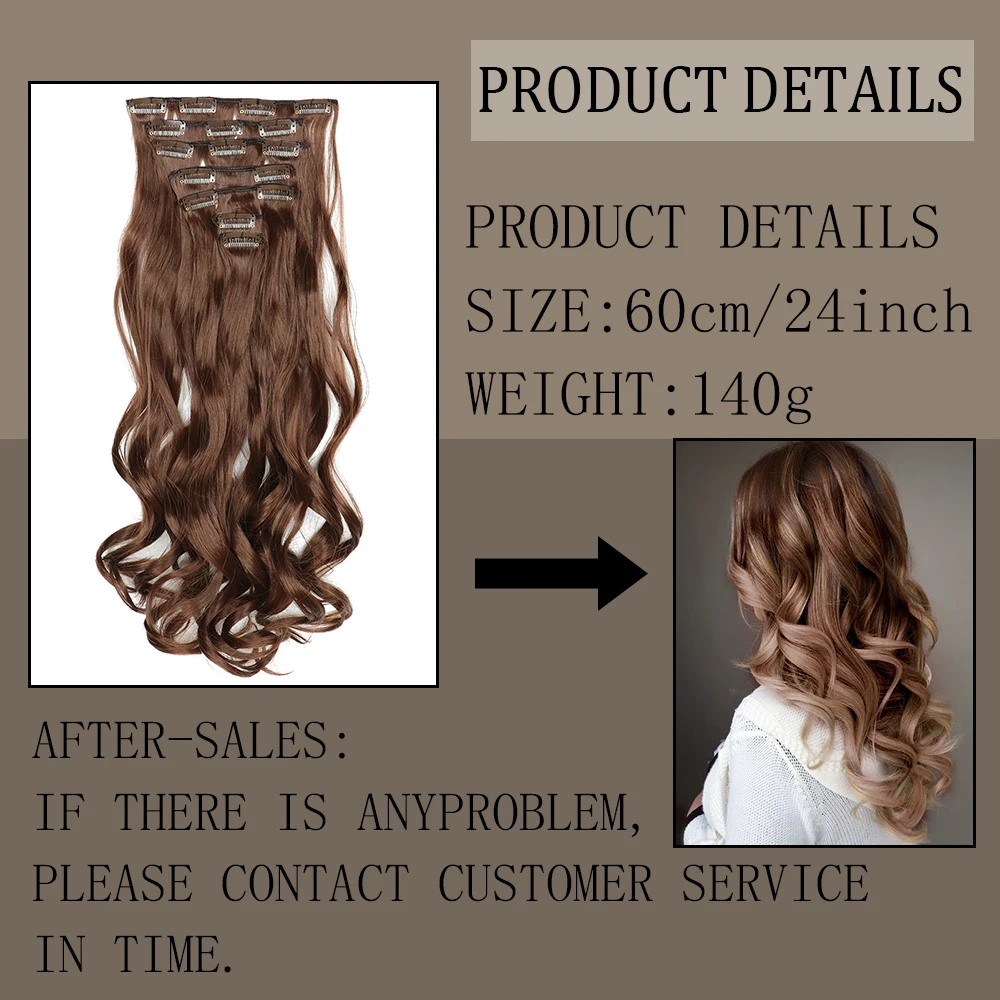 16Clips Synthetic 24Inch Long Curly Hair Hairpiece Heat Resistant Hair Extension Clips In Ombre Black Brown Blond Women