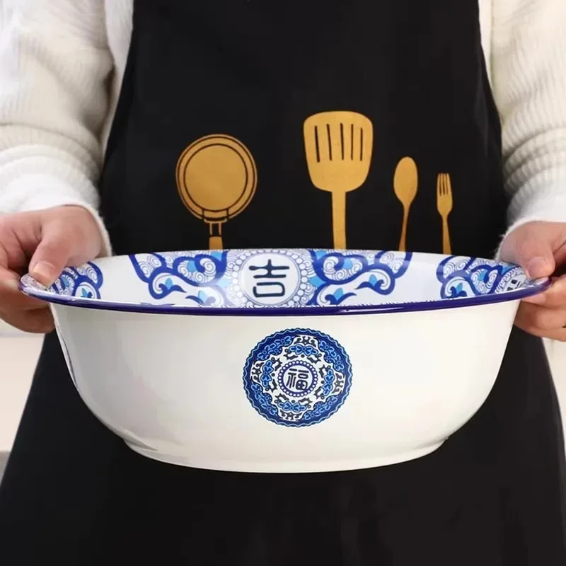 Nordic Thick Enamel Washbasin Bowls Trays Kneading Dough Basin Tea Trays Plates Vegetable Basins Dumpling Filling Mixing Basins