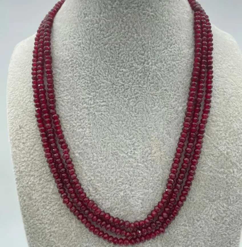 New NATURAL 3 Rows 2X4mm FACETED DARK RED Blue Sapphire BEADS NECKLACE