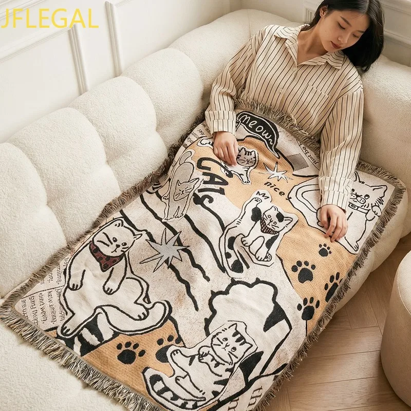 Cute Cat Pattern Tassel Throw Blanket Multifunctional Sofa Cover Shawl Beach Picnic Mat Decorative Tapestry for Home Outdoor Use