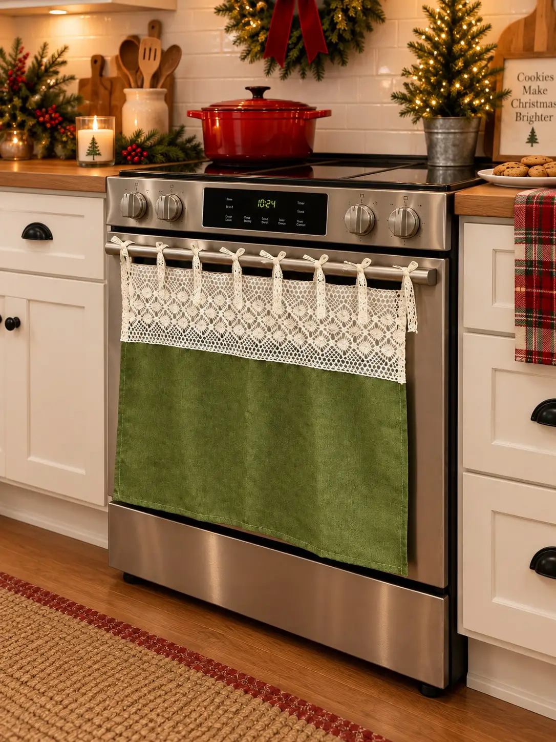 Vintage Farmhouse Christmas Oven Door Decor Cover, Polyester Short Tier Curtain with Ivory Crochet Lace Edge Lace Ties