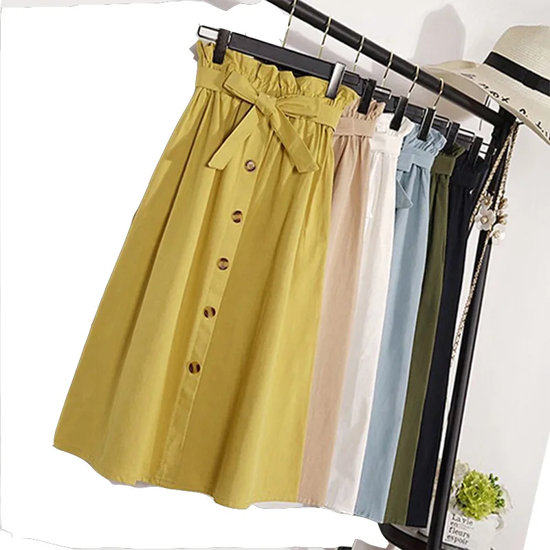 Summer Autumn Skirts Womens Midi Knee Length Korean Elegant Button High Waist Skirt Female Pleated School Skirt
