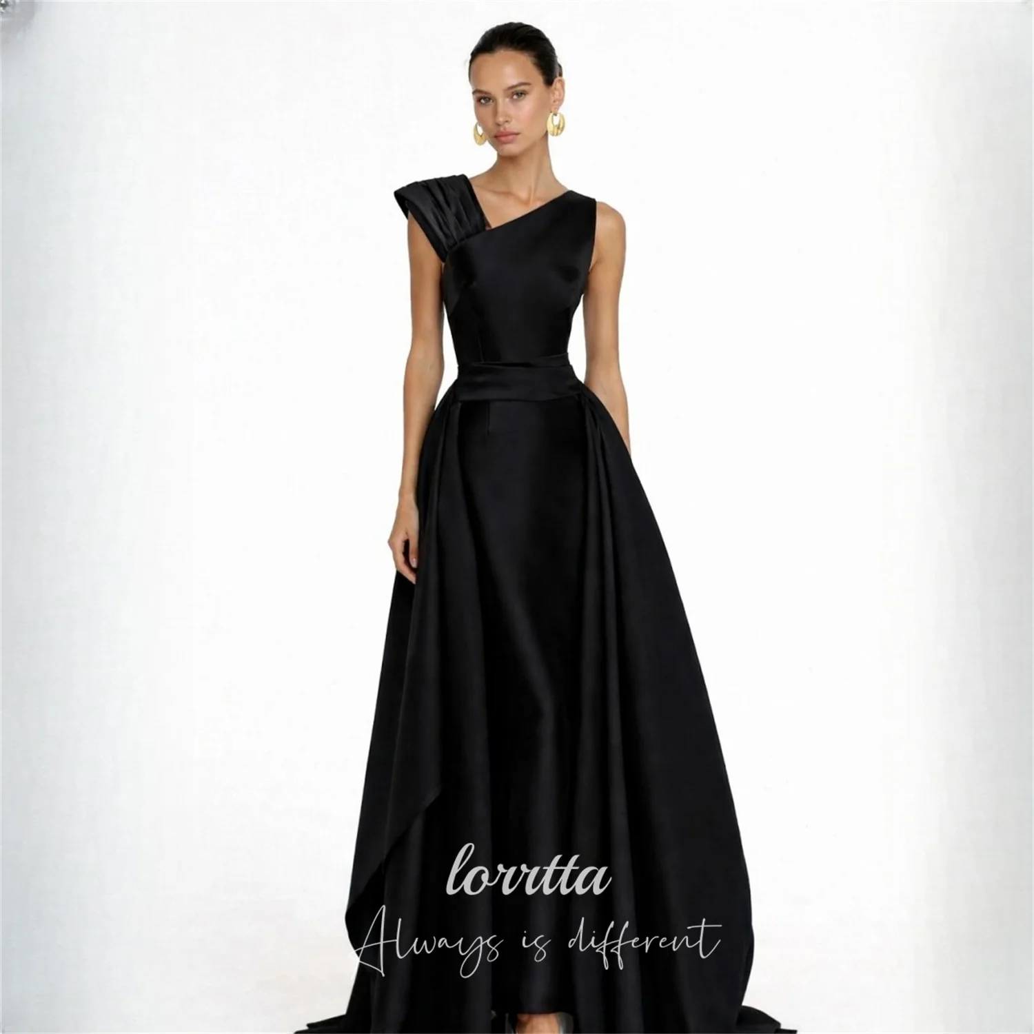 Lorrtta Satin One-Shoulder Black A-Line Evening Dress 2026 Prom Dress Sleeveless Formal Evening Elegant Gowns Customized