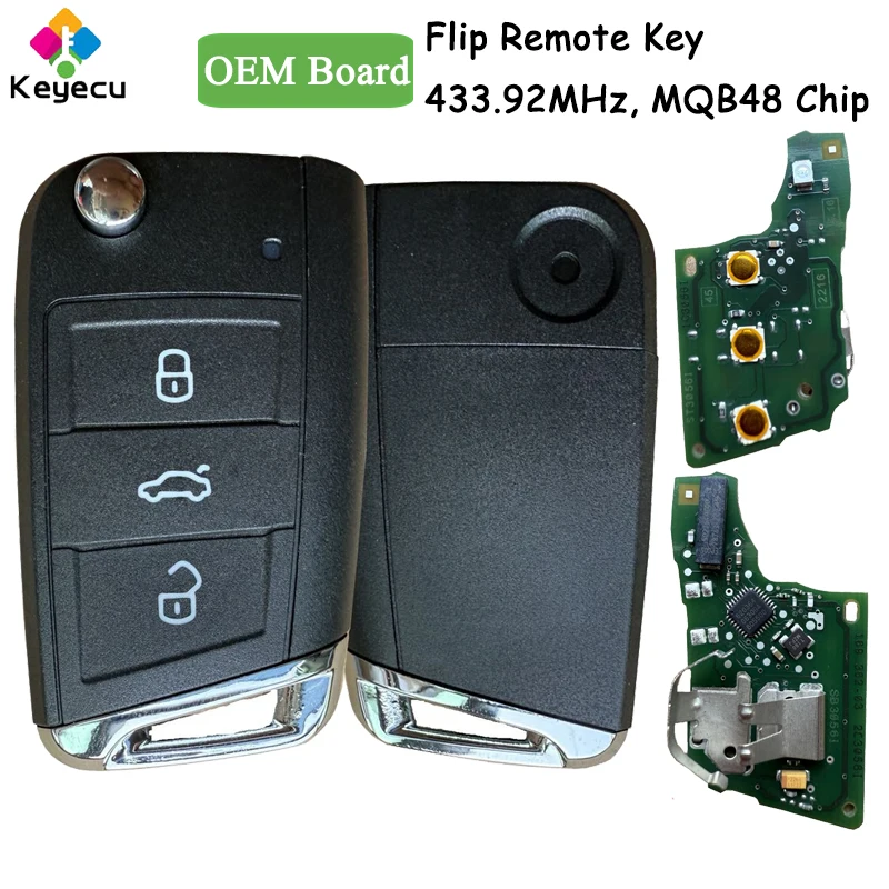

KEYECU OEM Board Flip Remote Car Key With 3 Buttons 433.92MHz MQB48 Chip Fob for Volkswagen VW for Skoda MQB Non-Keyless Models
