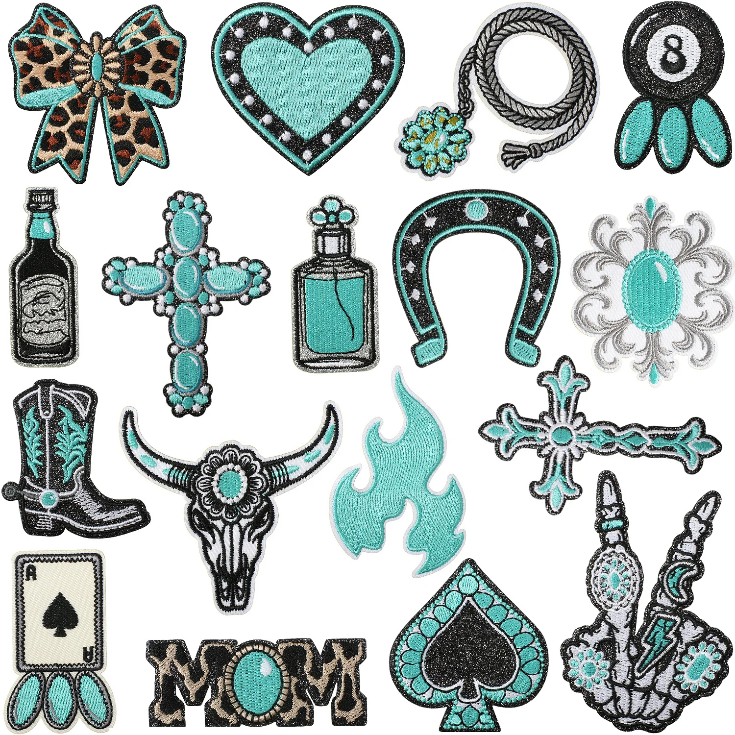 1PCS Blue Onyx Western Cowboy Embroidery Cloth Sticker Denim Cross Heavy Metal For Bag Packaging Dress DIY Retail