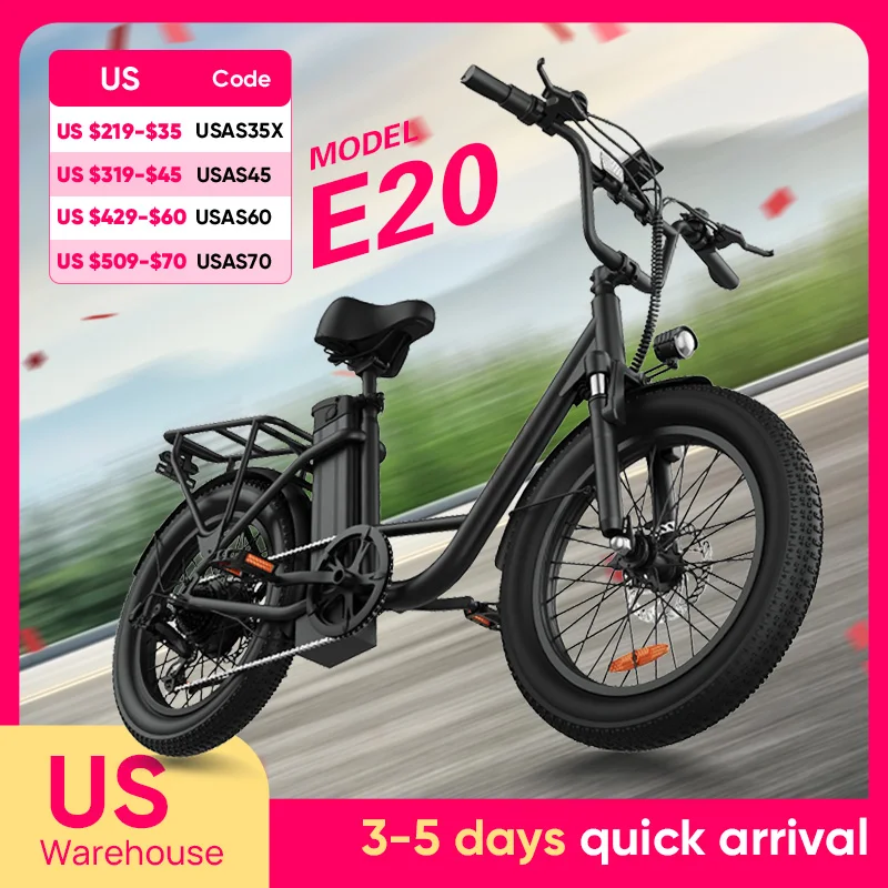 

1000W 20x3" Fat Tire Electric Bike 48V 13Ah Removable Battery 20MPH 7-Speed Gears Dual Disc Brakes Adult Moped for Off-Road City