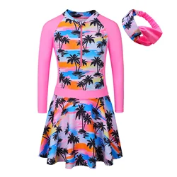 BAOHULU Girls Swimsuit One Piece Cute Print Swimwear with Hairband Long Sleeve Swimming Wear UPF 50+ Sun Protective Surfing Suit