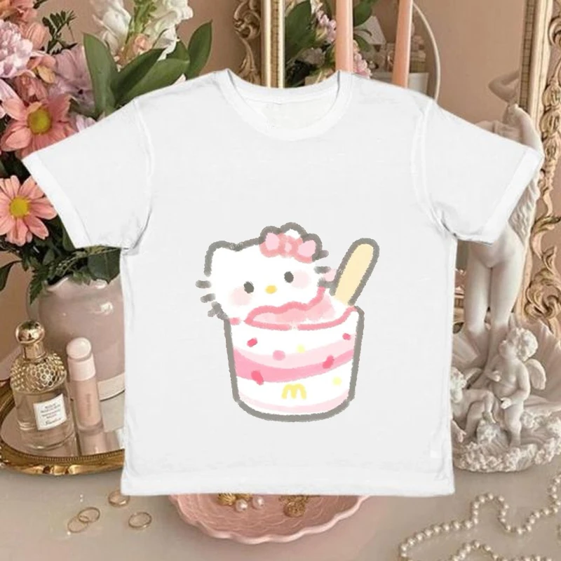 American Retro Summer Sanrio Hello Kitty Kuromi T-Shirts Print Kawaii Summer Clothes For  Y2k Girls Anime Female Clothing Tops