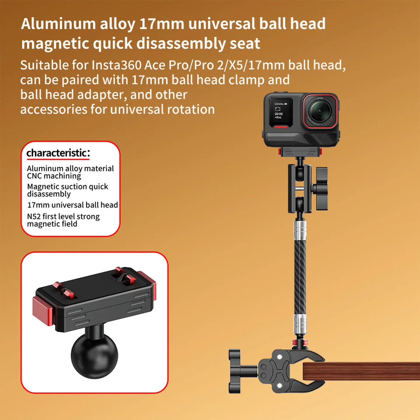Für Insta360 Ace Pro 2 / Ace Pro / Ace X6 / X5 Magnetische Schnellwechselbasis 360° drehbare Stativhalterung 1/4 17/25mm Kugelkopfadapter – Detail 7