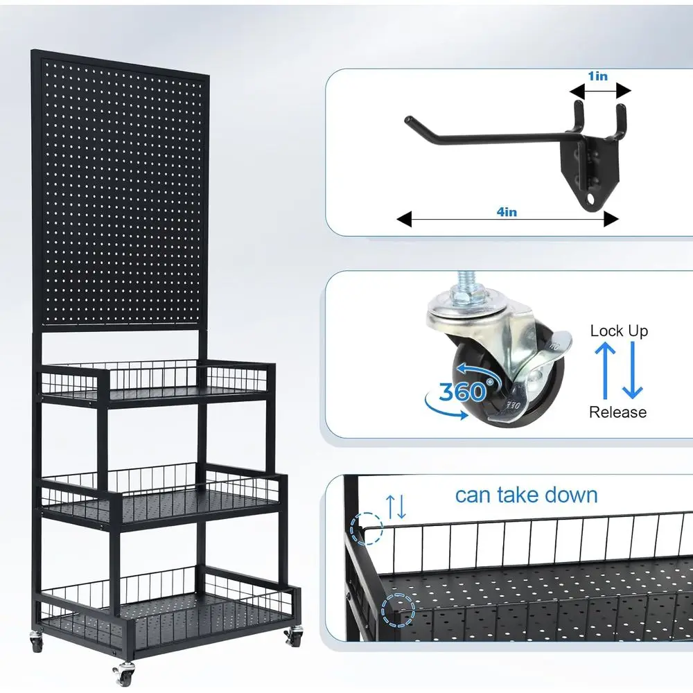 3-Tiers Metal Pegboard Display Stand with Peg Board Panel, Standing Pegboard Display Rack, Craft Show Display, Art Display and R