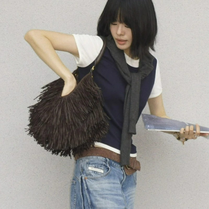 New Bohemian-style Vintage Fringed Handbag, Hand-woven, Practical for Commuting, Versatile Large-capacity Crossbody Tote Bag