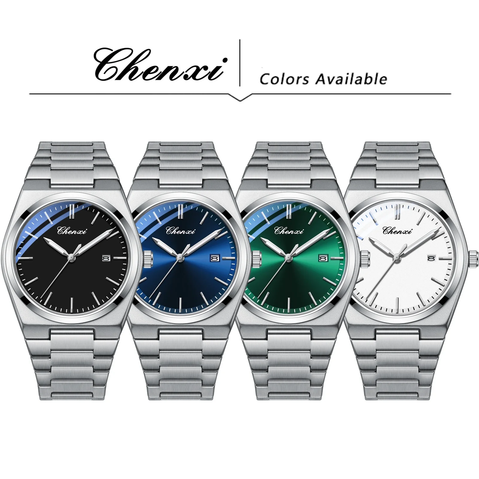 Fashion Chenxi Top Brand 683 Man Quartz Green Blue Leisure Simple Casual Analog Display Silvery Stainless Steel Watches For Male