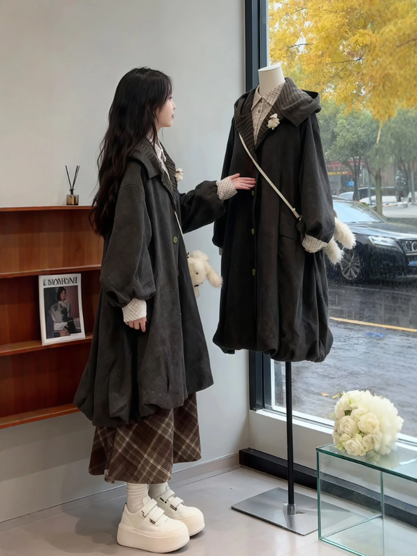

Autumn Winter plus Size Women's Casual Tee-Piece Set with Hooded Woolen Jaet And Skirt Comfortable Loose Fit Faion