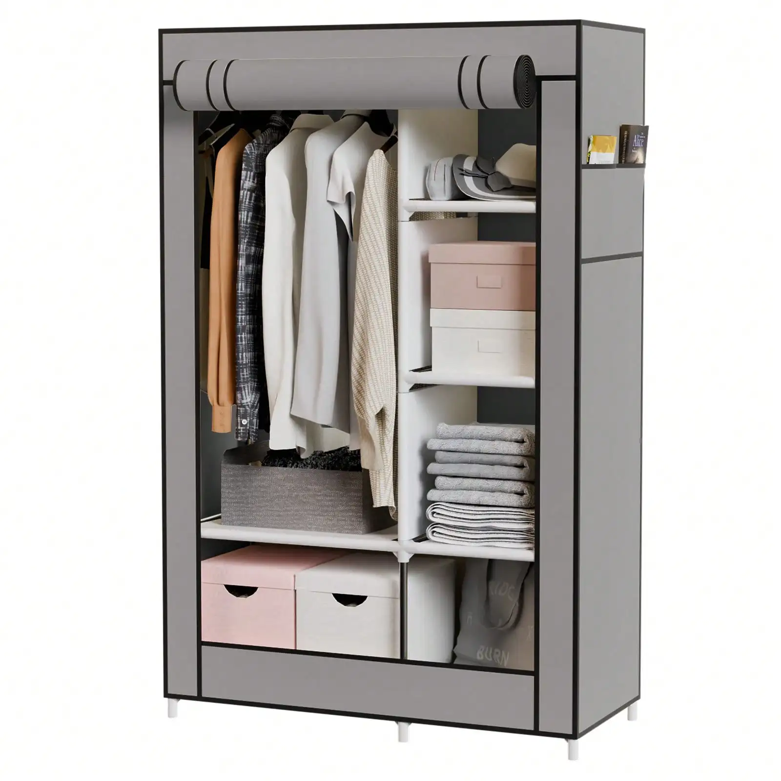 Garment Rack,Clothing Racks For Hanging Clothes ,No-Assembly Portable Closet, Wardrobe Organizer, Portable Wardrobe With 6 Shelves & 1 Hanging Rod, 4 Side Pockets, For Bedroom, Living Room, Cloakroom, Garage, Dorm, Apartment