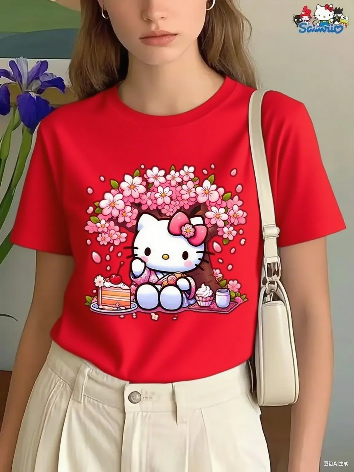 لطيف مرحبا كيتي زهر الكرز نزهة القطن تي شيرت العصرية المطبوعة العلامة التجارية القطن الخالص تي شيرت قصير الأكمام للجنسين جولة الرقبة #5