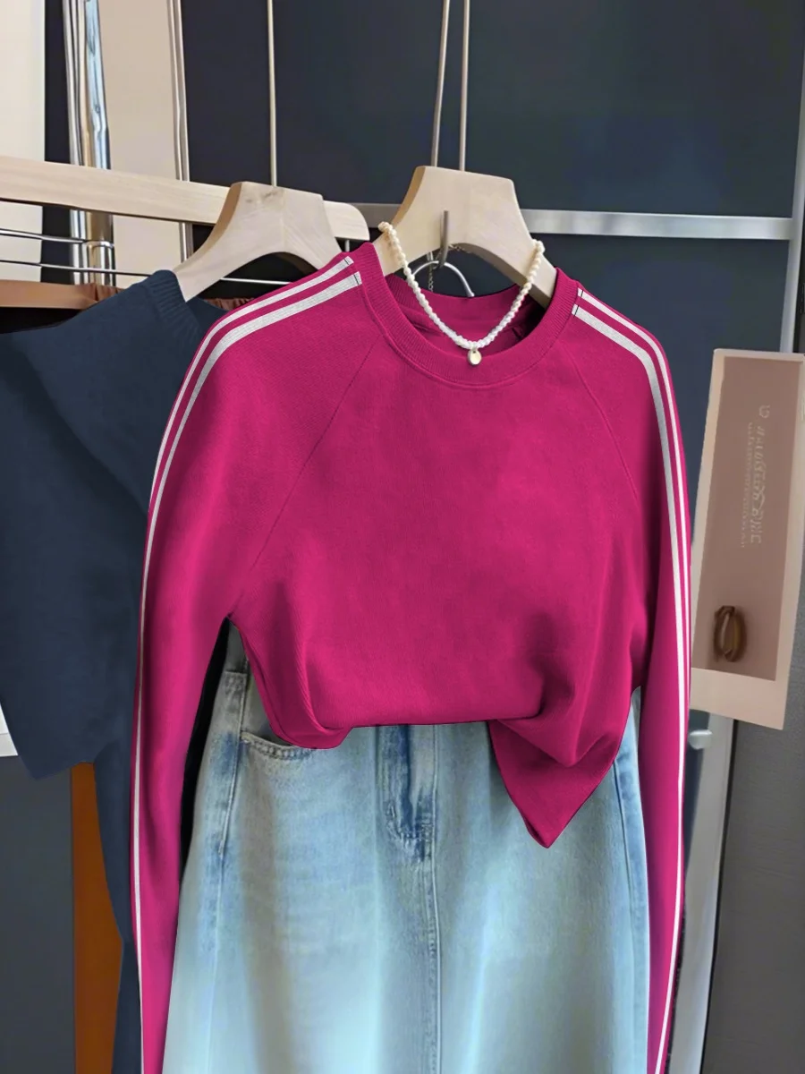 Pure Cotton Knitted Long Sleeve T-Shirt Women's Base Shirt Trendy Sporty Style Autumn New Arrival Three Bars Stripe Design