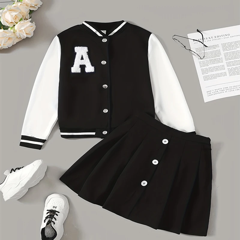 Two Piece Set Of Autumn And Winter Girls Baseball Jacket Short Skirt Long Sleeve Letter A Sticker Decoration College Style Set