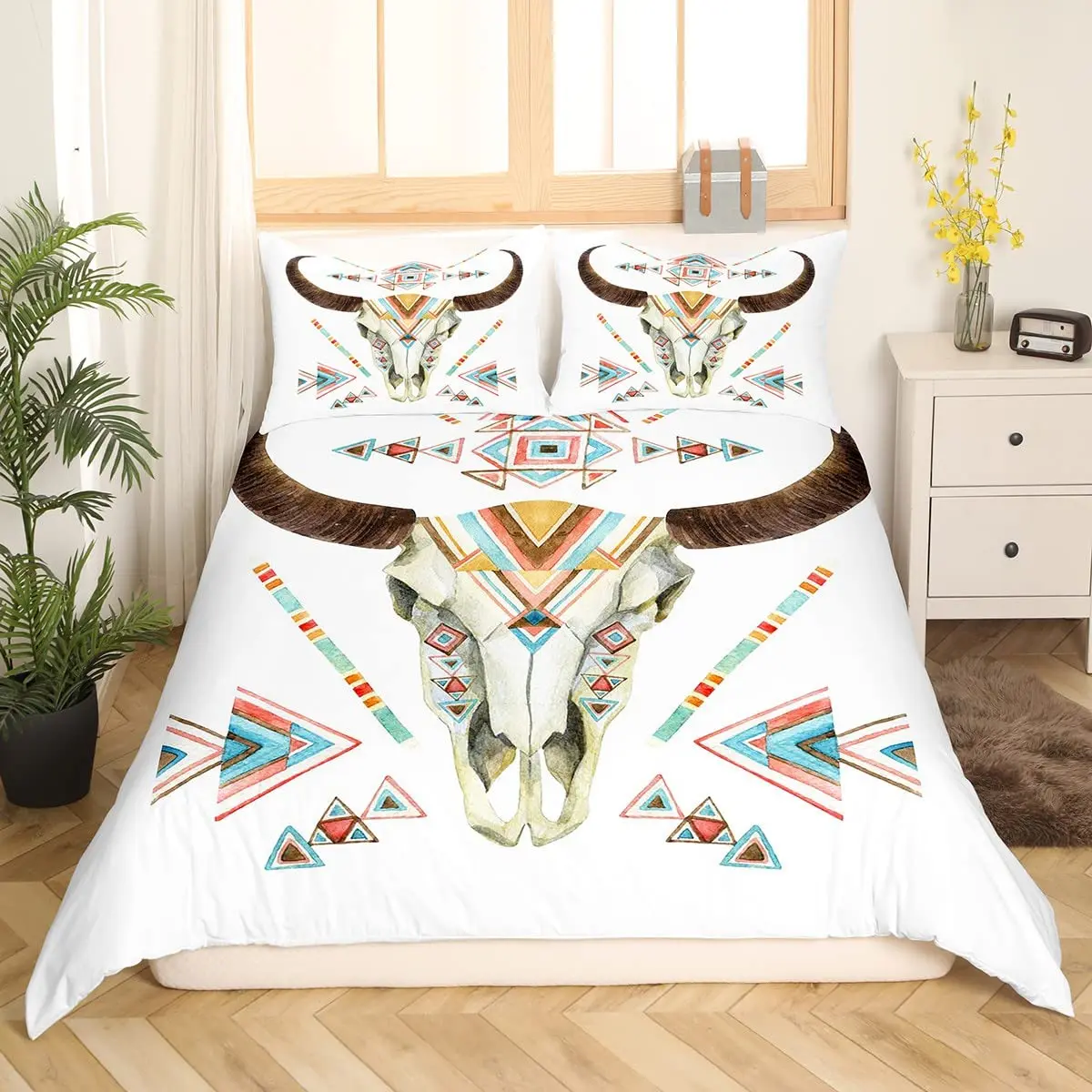 Tribal Cow Skull Duvet Cover Ethnic Bull Animal Skull Comforter Cover Skeleton Bone Bedding Set Bohemian Polyester Quilt Cover