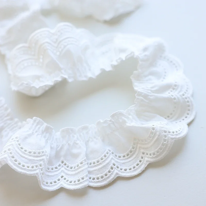 2Yards Cotton Pleated Fabric Embroidered Lace Guipure, Neckline Cuffs, Ruffle Trim, DIY Sewing Decor