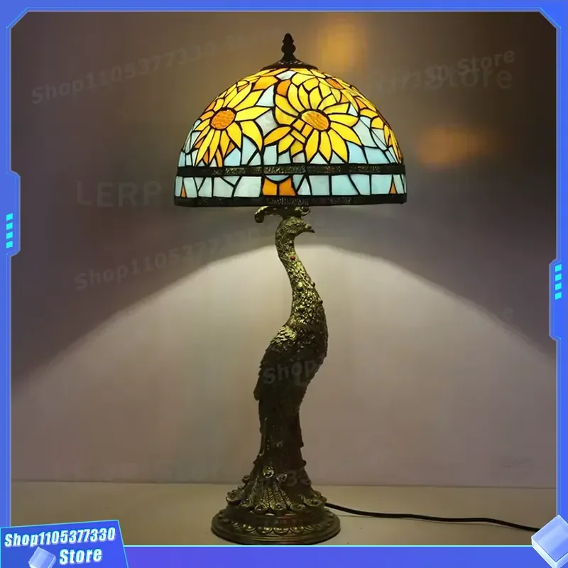 LongHuiJing 12 Inch Peacock Stained Glass Lampshade Eco Friendly Adjustable LED Desk Light For Bedroom Living Room Reading