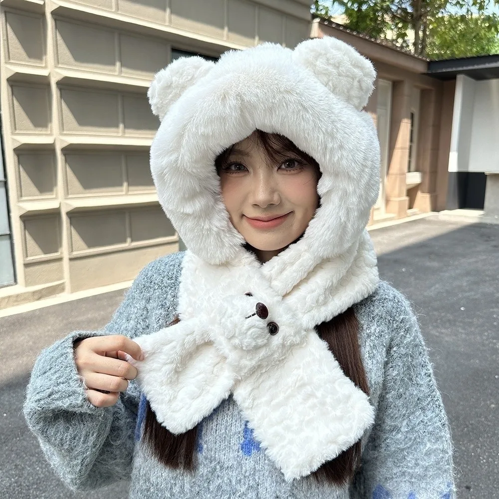 

Cute Cartoon Bear Ear Hat Warm Earmuff 2 in 1 Plush Scarf Thickened Windproof Winter Neckerchief Streetwear