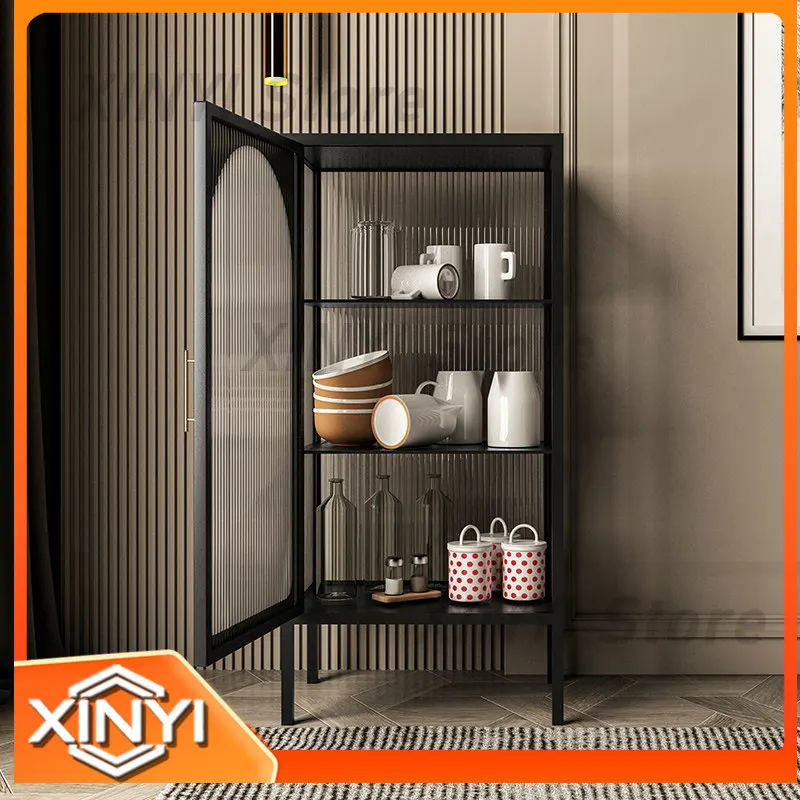 Nordic Style Metal Sideboard Cabinet with Glass Door for Living Room Wine Display Storage Console Table for Home Bar
