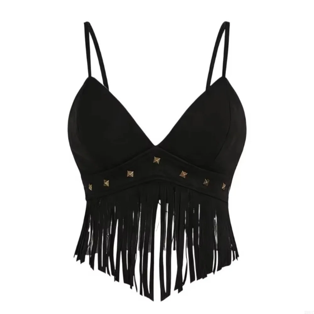 Vintage Faux Suede Women Crop Top Tassel Trimmed V Neck Camisole Top Cowgirl Style Spaghetti Strap Sleeveless Vest for Women